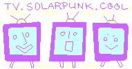 logo for solarpunkTV, three handdrawn tv's looking happy